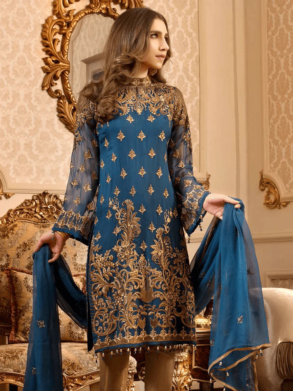MARYUM & MARIA -3PC EMBROIDERED LINEN DRESS WITH EMBROIDERED CHIFFON DUPATTA- FW-23