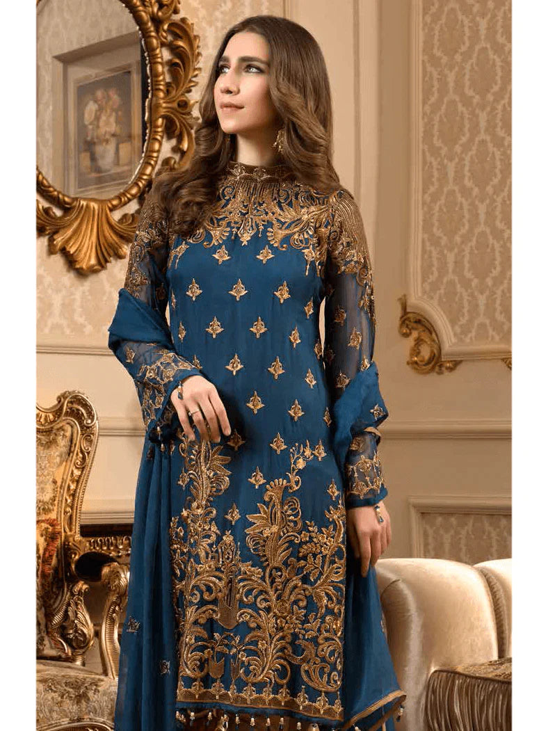 MARYUM & MARIA -3PC EMBROIDERED LINEN DRESS WITH EMBROIDERED CHIFFON DUPATTA- FW-23