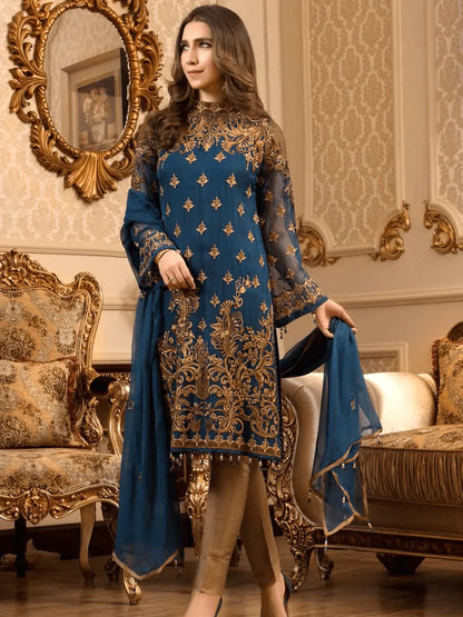 MARYUM & MARIA -3PC EMBROIDERED LINEN DRESS WITH EMBROIDERED CHIFFON DUPATTA- FW-23