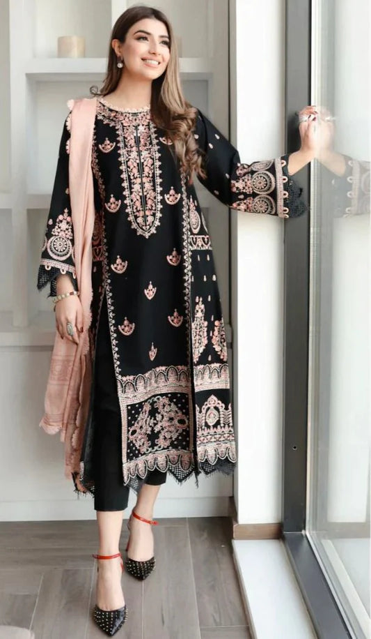 ZAIB -3PC EMBROIDERED LINEN DRESS WITH EMBROIDERED CHIFFON DUPATTA- FW-33