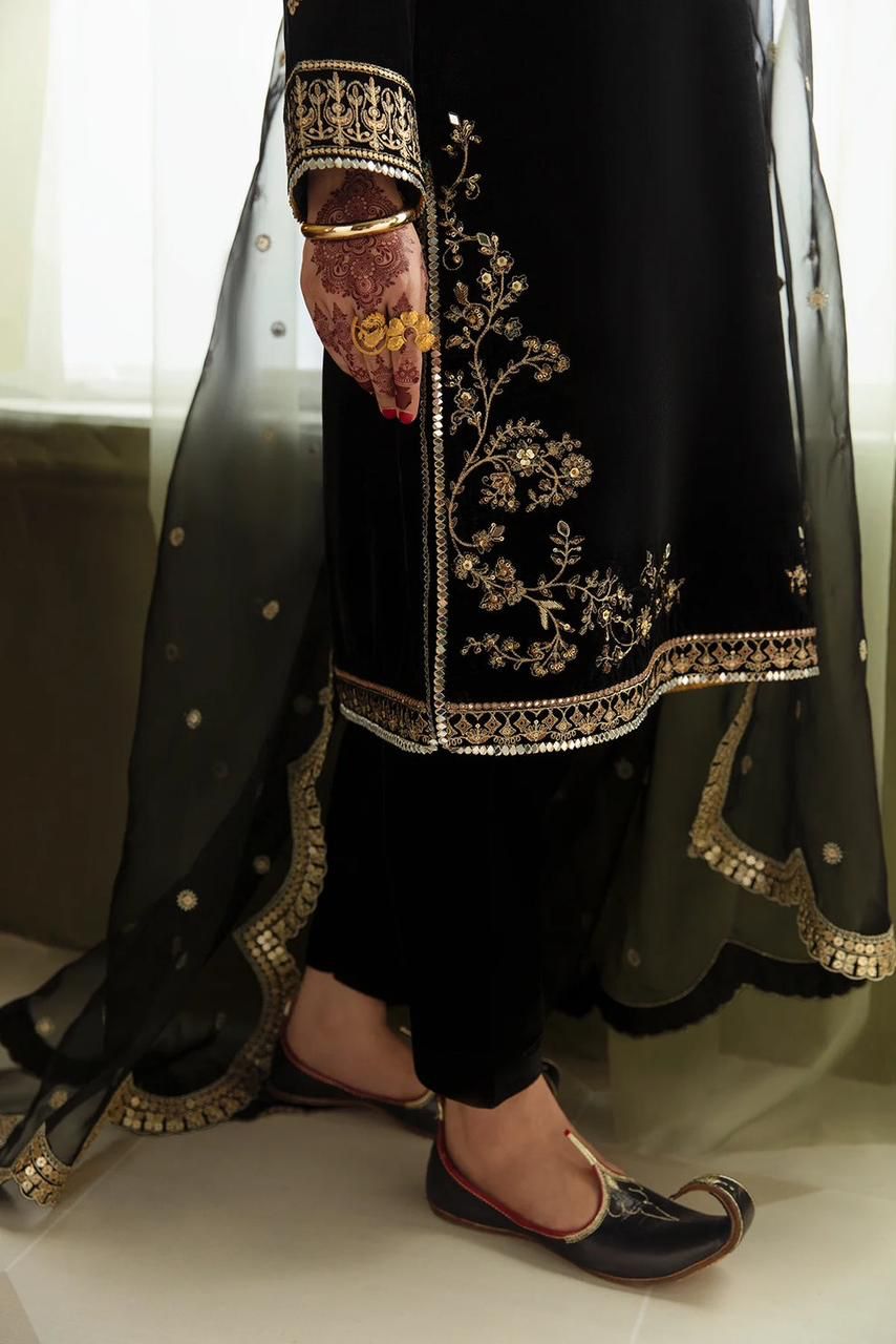 BAROQUE -3PC FANCY HEAVY EMBROIDERED VELVET DRESS WITH 4 SIDE EMBROIDERED HEAVY ORGANZA DUPATTA- FPW-89