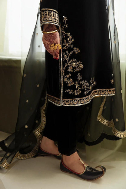 BAROQUE -3PC FANCY HEAVY EMBROIDERED VELVET DRESS WITH 4 SIDE EMBROIDERED HEAVY ORGANZA DUPATTA- FPW-89