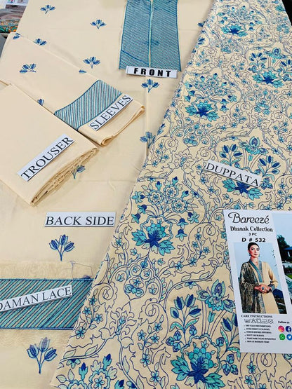 BAREEZE -3PC EMBROIDERED DHANAK DRESS WITH EMBROIDERED DHANAK SHAWL- FW-42