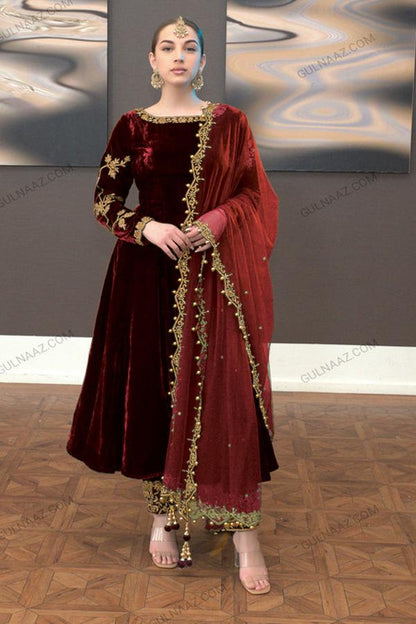 ZAFIRA -3PC FANCY HEAVY EMBROIDERED VELVET DRESS WITH 4 SIDE HEAVY EMBROIDERED ORGANZA DUPATTA- FPW-81
