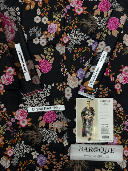 BAROQUE -3PC PRINTED LINEN DRESS WITH PRINTED LINEN DUPATTA- FW-08