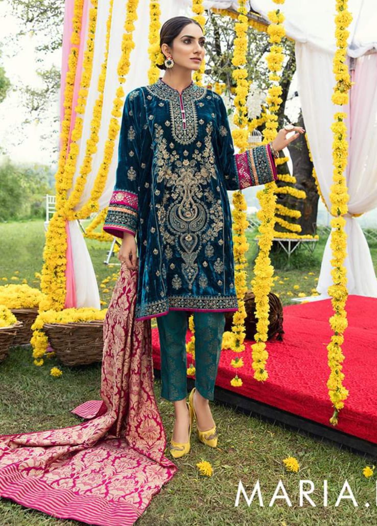 MARIA.B -3PC HEAVY EMBROIDERED VELVET DRESS WITH PRINTED SILK SHAWL DUPATTA- FPW-84