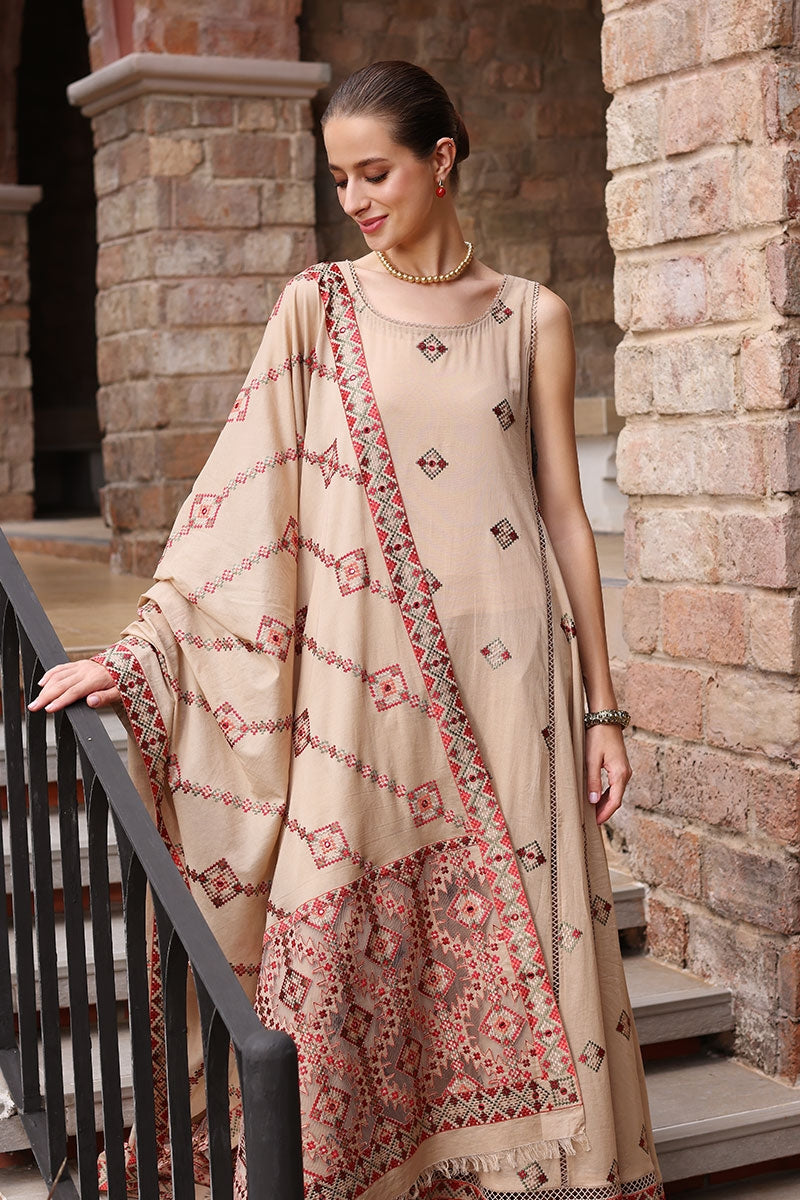 BAREEZE -3PC EMBROIDERED DHANAK DRESS WITH 4 SIDE EMBROIDERED DHANAK WOOL SHAWL- FW-106