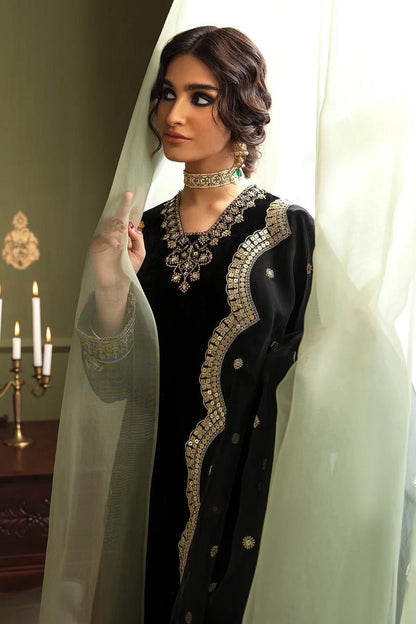 BAROQUE -3PC FANCY HEAVY EMBROIDERED VELVET DRESS WITH 4 SIDE EMBROIDERED HEAVY ORGANZA DUPATTA- FPW-89
