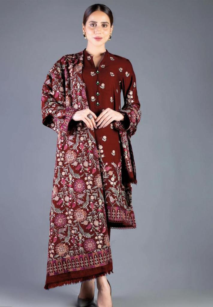 BAREEZE -3PC EMBROIDERED DHANAK DRESS WITH EMBROIDERED WOOL SHAWL- FW-41