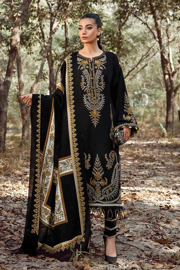 MARIA.B -3PC EMBROIDERED KHADDAR DRESS WITH KARANDI WOOL SHAWL- FW-53