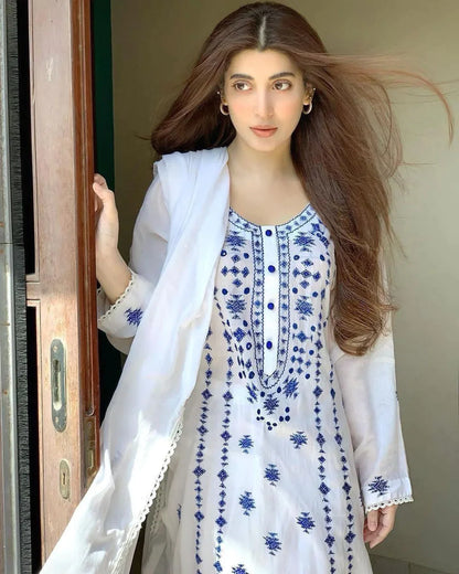 CROSS CULTURE -3PC EMBROIDED LINEN DRESS WITH EMBROIDED CHIFFON DUPATTA- FW-14